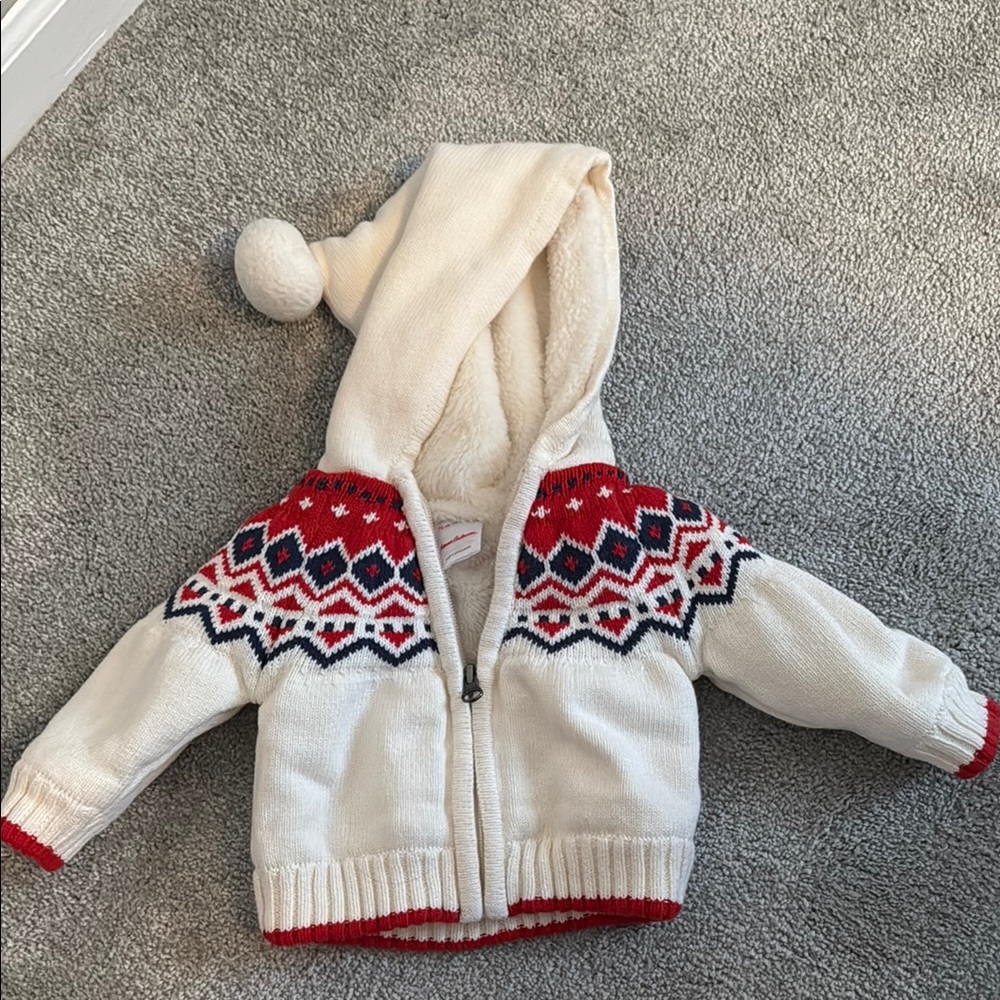Cream and Red Knit Hoodie with Nordic Pattern